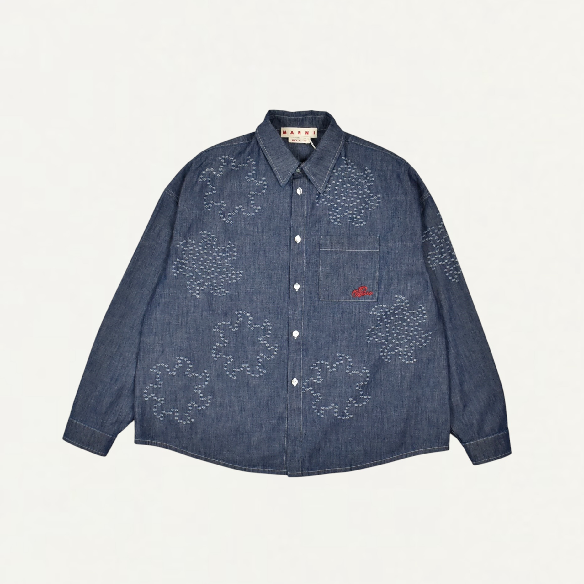 MARNI Blue chambray oversized shirt with frayed sun motif[CUJU0061S4]