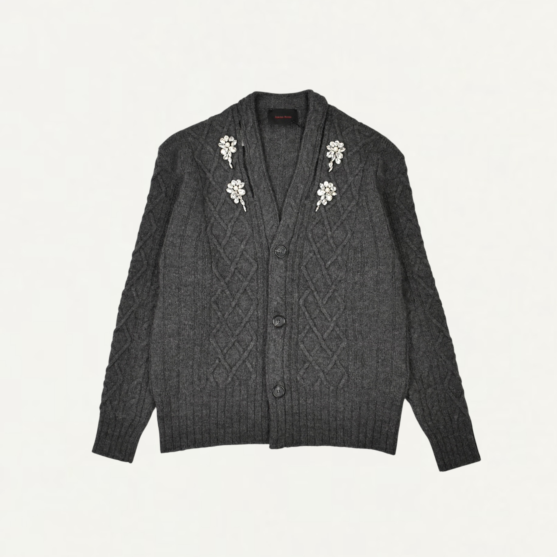 Simone Rocha Embellished Cable Knit Slash Cardigan Charcoal/Pearl/Clear[EXMK1MB 0672]