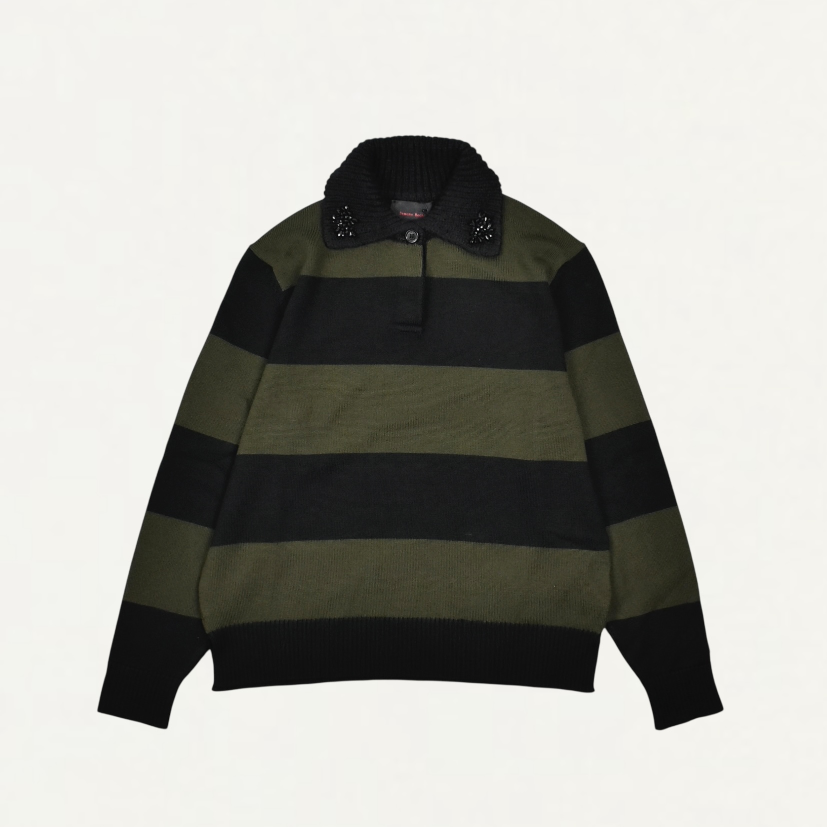 Simone Rocha Embellished Fuzzy Collar Rugby Jumper Khaki/Black/Jet[VMK13SB 0646]